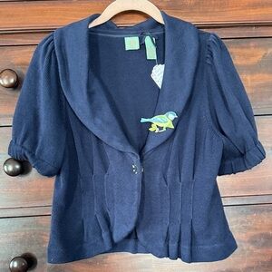Anthropologie Cropped Navy Blue Short Sleeve Cardigan with Bird Pin